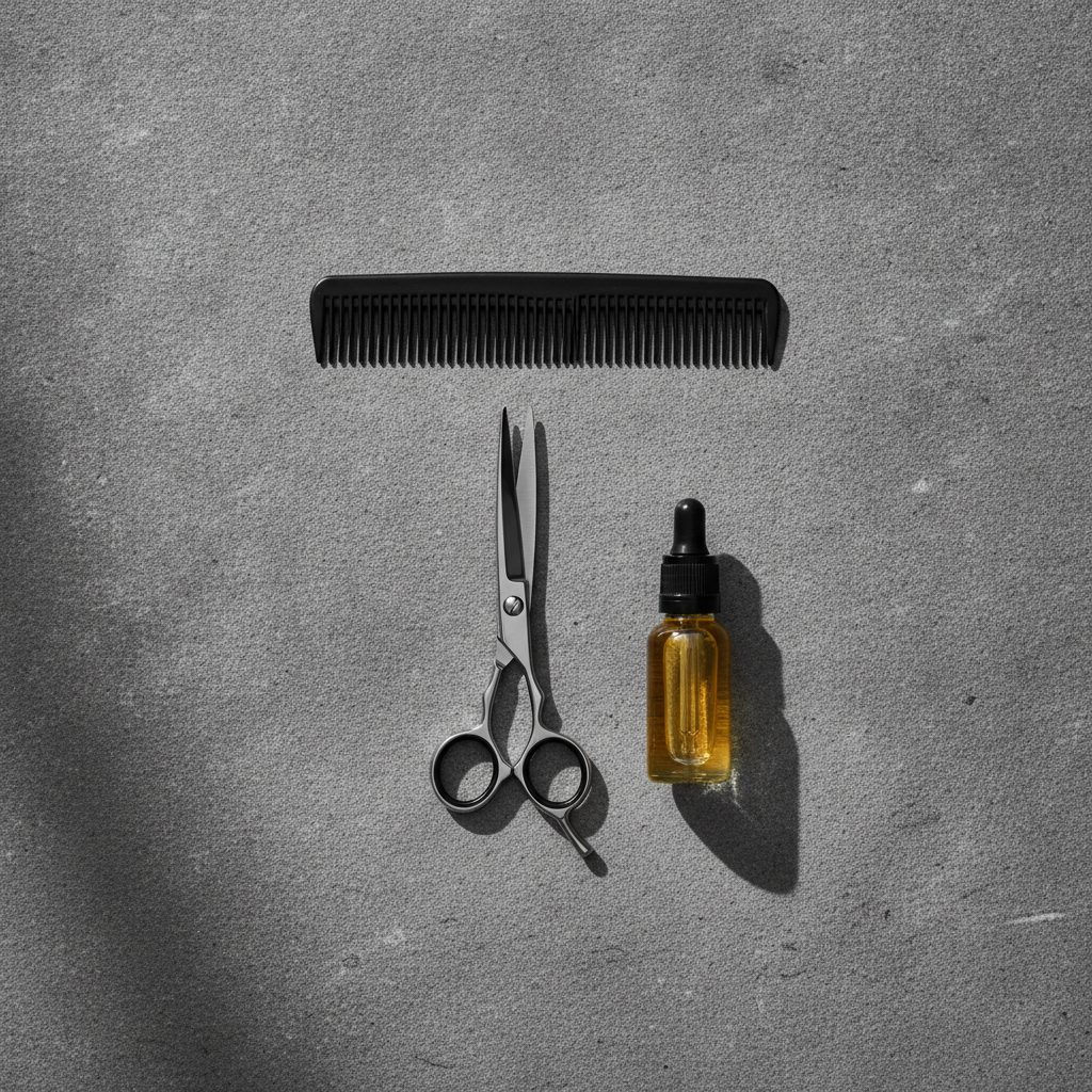 Top-down view of a professional beard grooming kit
